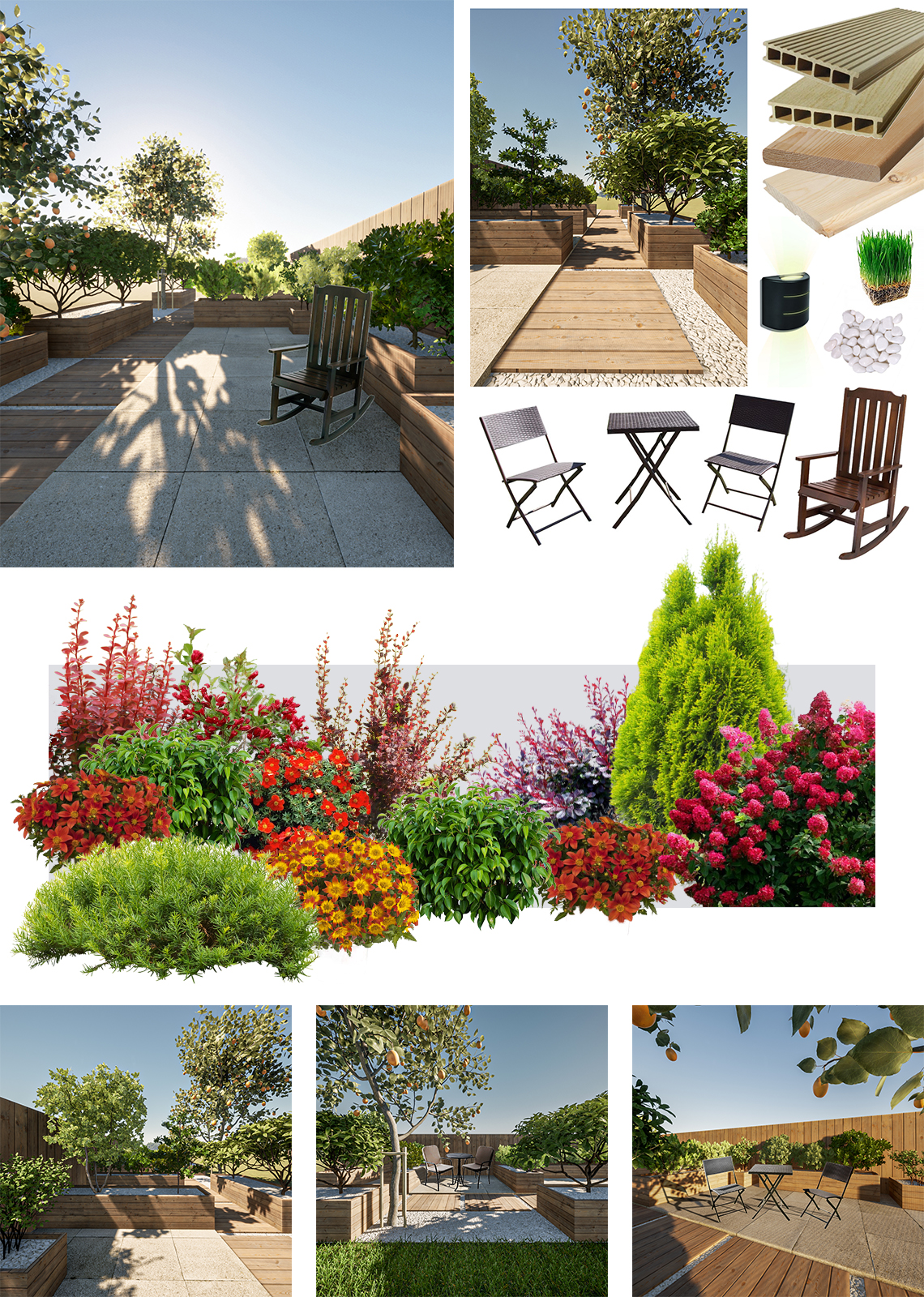 Сад с террасой для отдыха и яркими растениями