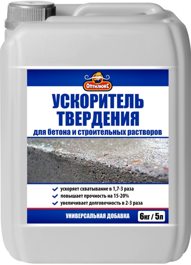 Что добавляют в бетон. Ускоритель твердения ОПТИЛЮКС канистра 6кг/5л. Ускоритель твердения бетона. Суперпластификатор ОПТИЛЮКС для бетонов и строительных растворов. Суперпластификатор для бетона 5 л ОПТИЛЮКС.