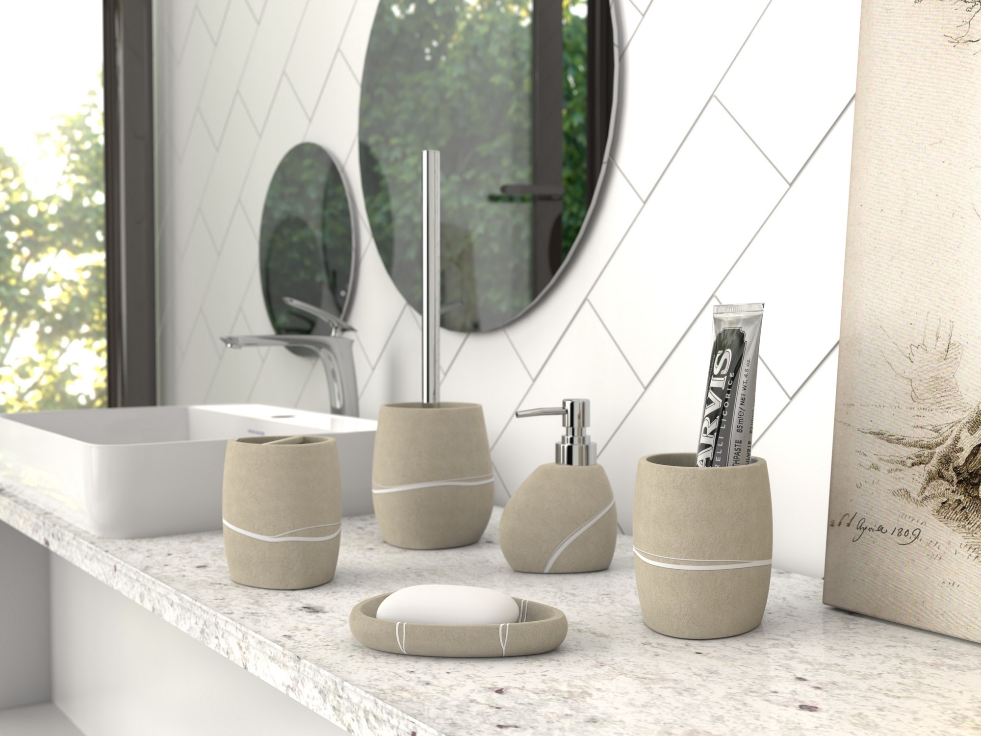 Deconika. Illinois_White_Nat 75x75. Limestone_Cream_Nat 25x75. Bazzani_Cream_Nat 25x75